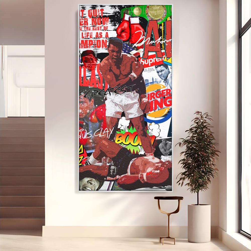 Tablou canvas cu tablou canvas cu muhammad ali in box, in rama de aluminiu argintiu